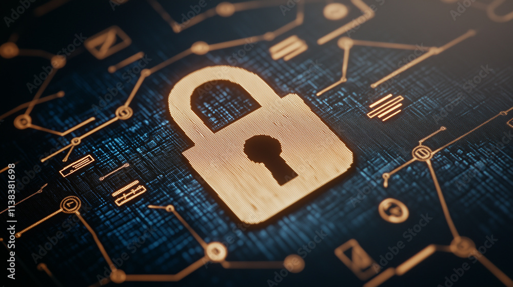 Poster cybersecurity and personal data protection with padlock icon on digital interface on a sleek virtual