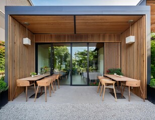 Fototapeta premium exterior facade of cafe shop and restaurant design scandinavian style front elevation wood and concrete material with garden view