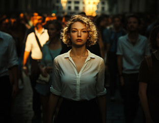 Fototapeta premium A woman stands in the middle of an open square, surrounded by people who look at her in awe and reverence.