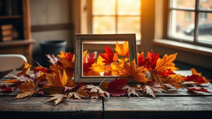 A simple wooden table with scattered autumn leaves and a vintage frame with a glimpse of a window behind it, capturing the essence of the season