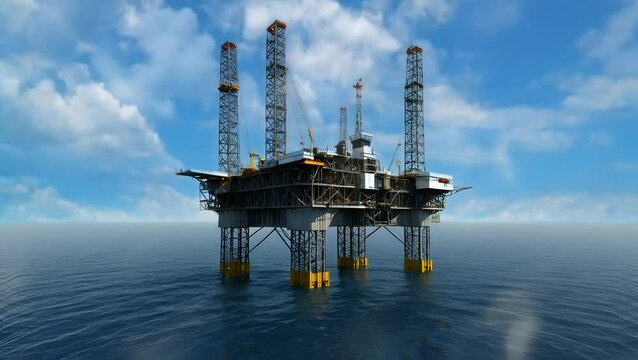 Elevated offshore oil platform with tall drilling towers in blue ocean seamless looping 4k time-lapse animation video background