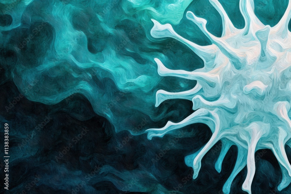 Poster an abstract representation of a virus, featuring a spiky structure against a swirling turquoise back