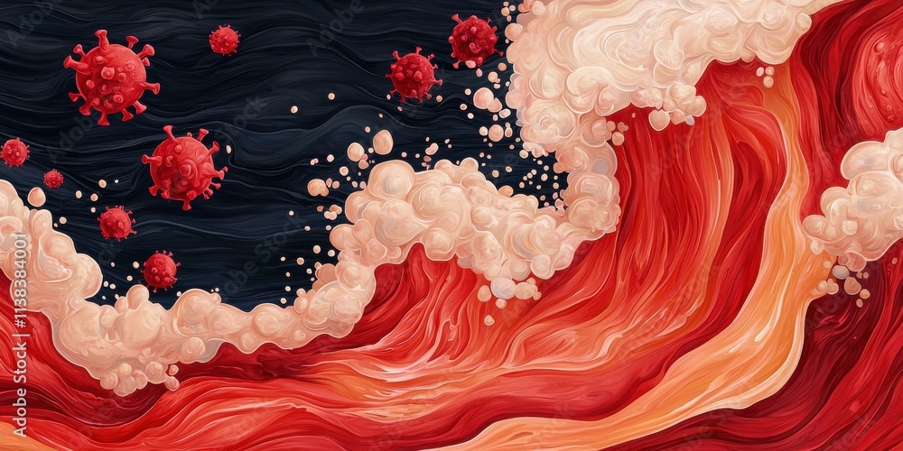 Poster an abstract depiction of swirling colors with virus-like structures, symbolizing the chaos and impac