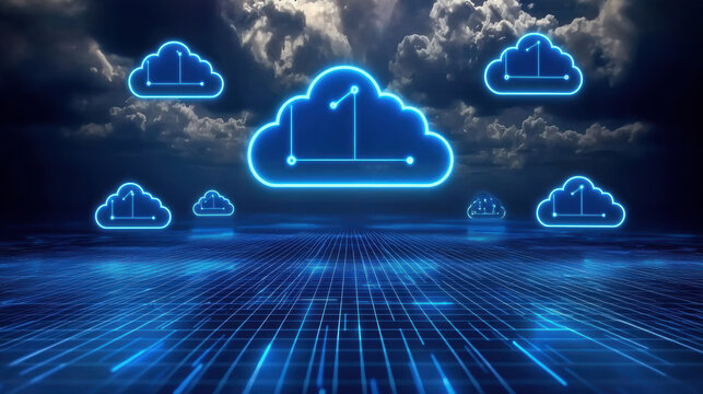 digital landscape featuring glowing blue clouds against dark sky, symbolizing cloud computing