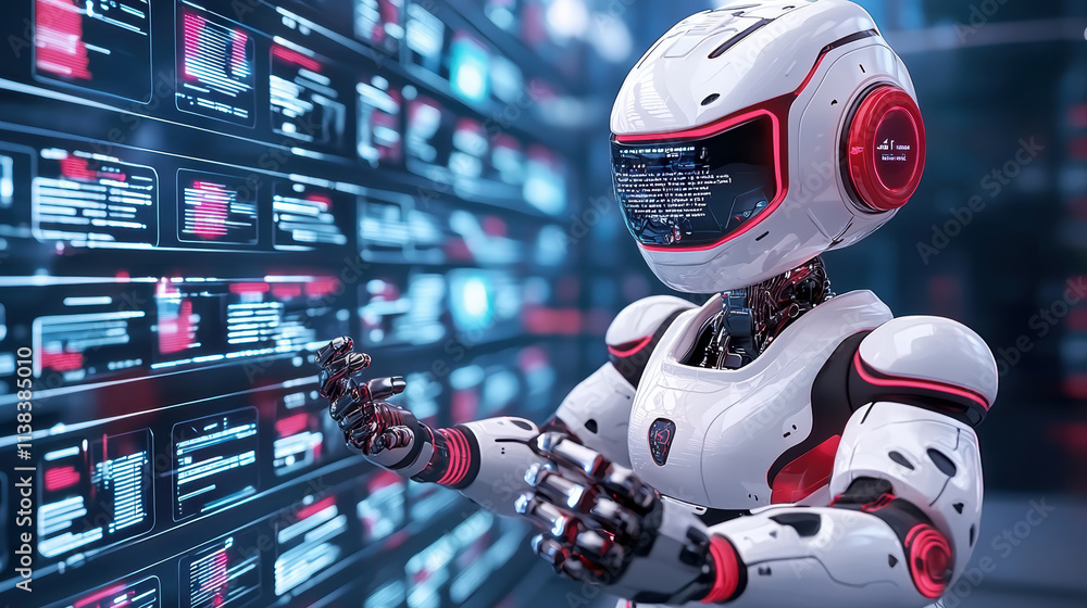 Poster futuristic robot interacting with digital interface, showcasing advanced technology and innovation