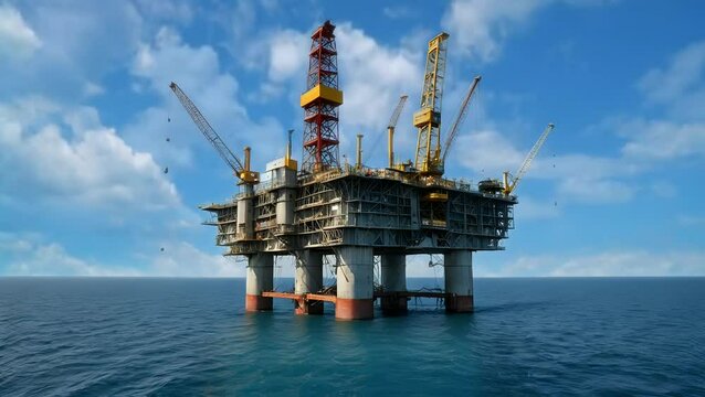 Offshore oil rig with towering cranes in bright blue sky seamless looping 4k time-lapse animation video background