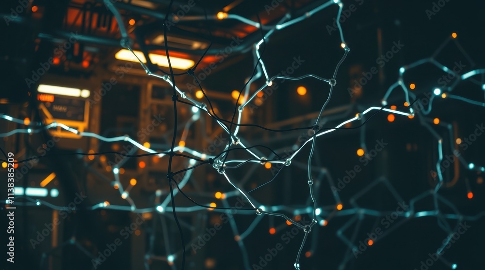 Poster complex network of glowing light strands illuminates a dark industrial space with vibrant colors and