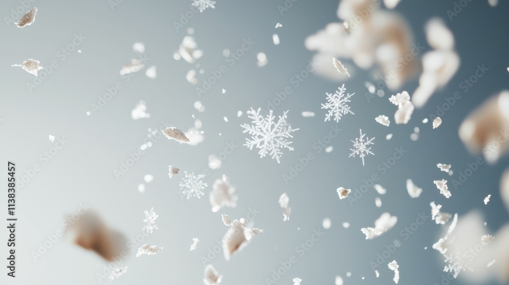 Poster soft blurry snowflakes falling in muted gray background nature scene high-resolution image calm atmo
