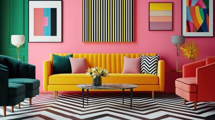 Mid-century modern living room, bold geometric patterns, vibrant colors, low-profile furniture, pop art aesthetic, digital painting. , closes up