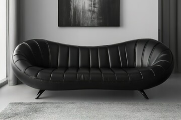 A black leather couch with a black and white abstract painting on the wall