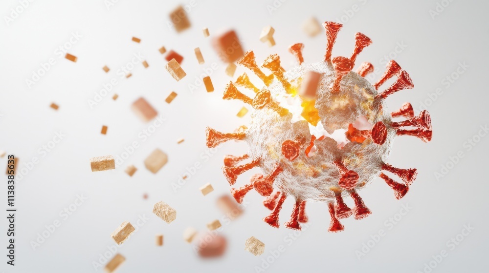Poster virus particle fragmentation event scientific visualization digital art laboratory setting close-up 