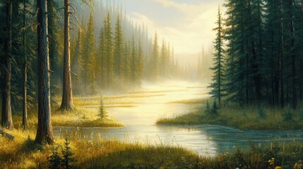 Fototapeta premium Morning light pierces through fog in a river valley, highlighting the natural beauty of a dense pine forest.