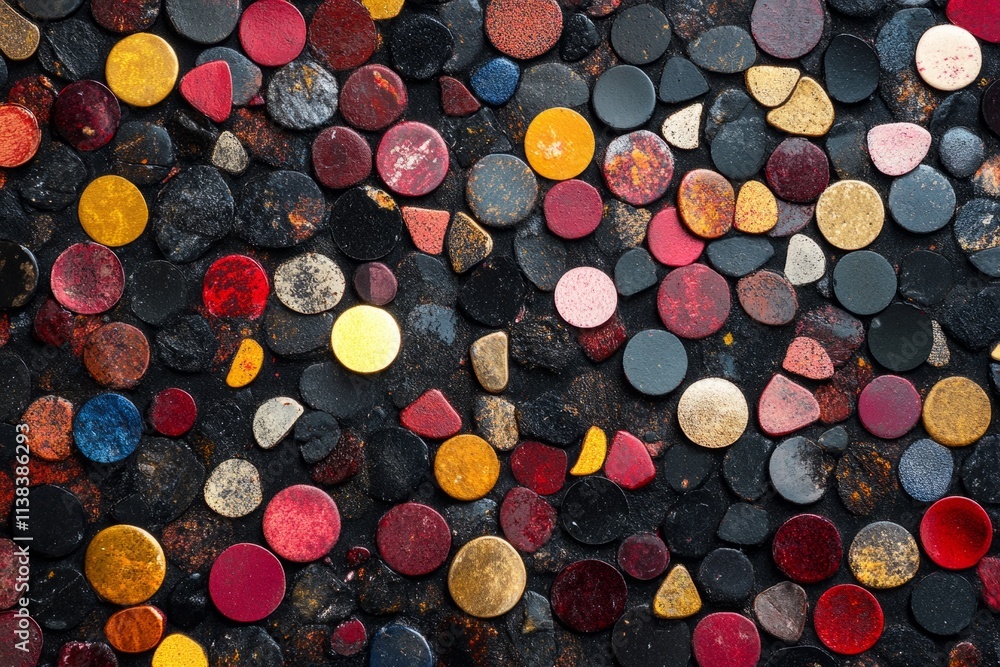 Poster colorful mosaic tiles arranged on a dark background, creating a vibrant and textured visual
