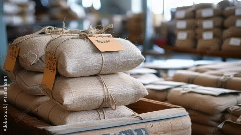 Aufkleber stacks of linen fabric wrapped in burlap await shipment within a textile factory, showcasing the org