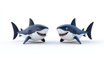 Fototapeta premium Two cartoonish sharks smiling playfully against a white background.