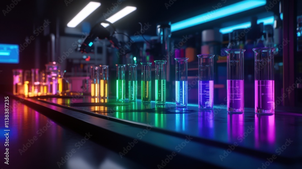 Poster multiple glass beakers filled with colorful solutions, illuminated by bright light, creating a reali