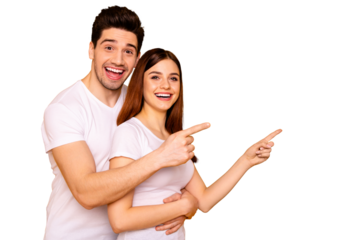 Close up side profile photo beautiful she her he him his pair wondered direct indicate fingers empty space sale discount great little low price wear casual white t-shirts isolated yellow background