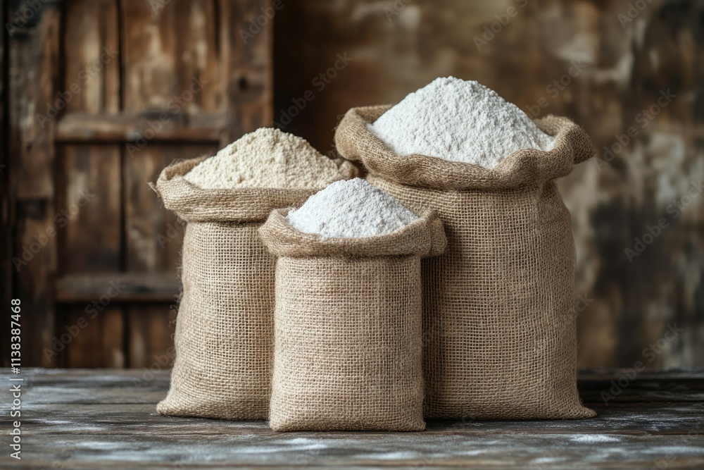 Poster burlap sacks filled with various types of flour sit on a rustic wooden table, creating a scene of tr