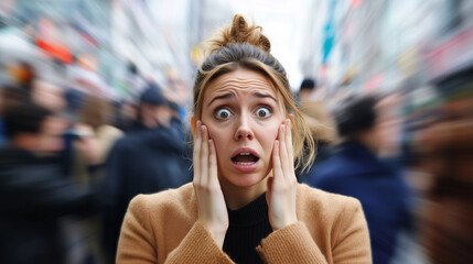 Overwhelmed Woman in Urban Chaos, Struggling with Panic Disorder A woman visibly distressed, battling a panic attack in the middle of a bustling city, her face filled with fear and
