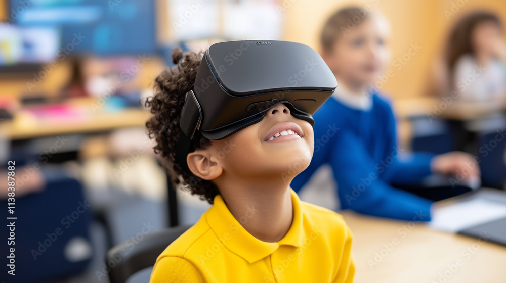 Aufkleber ai-powered virtual reality learning for student a young student in a classroom, wearing a vr headset