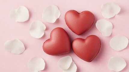 Obraz premium Heart-Shaped Macarons with White Flower Petals on Pastel Pink Background