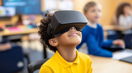 Fototapeta premium AI-Powered Virtual Reality Learning for Student A young student in a classroom, wearing a VR headset and interacting with a virtual world driven by artificial intelligence. The cla
