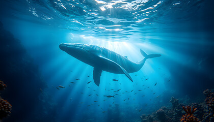 Fototapeta premium Majestic Whale and Coral Reefs Under Beaming Sunlight
