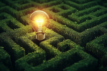 Glowing Lightbulb at the Center of a Green Maze – Symbolizing Ideas and Solutions in Complex Problems