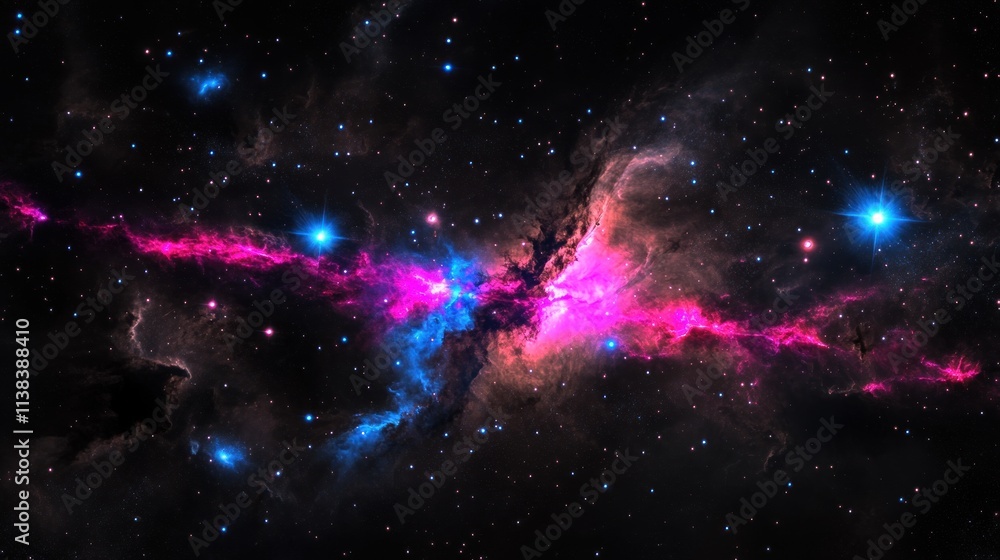 Poster a vibrant cosmic scene showcasing colorful nebulae and stars in deep space.