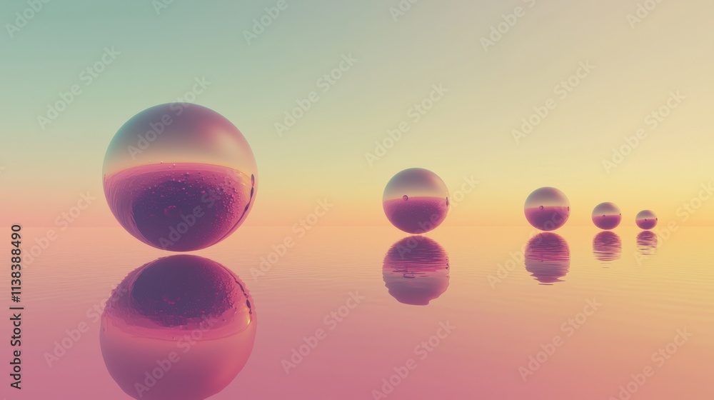 Poster Surreal floating orbs with reflections in dreamy landscape abstract art tranquil environment wide view
