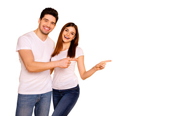 Close up photo beautiful she her he him his pair wondered direct indicate fingers empty space sale...