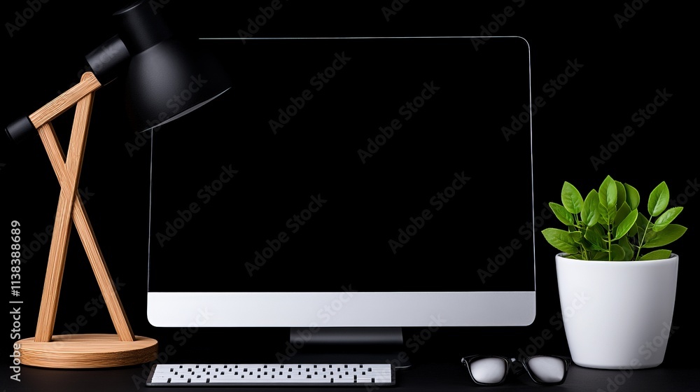 Poster sleek workspace setup: modern desktop computer with blank screen, stylish desk lamp, keyboard, mouse