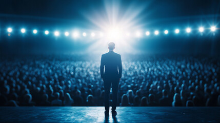 An inspiring speaker addresses a crowd under bright stage lights from the stage.