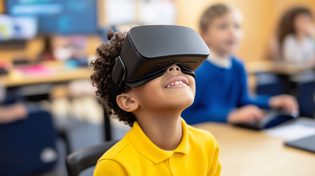 AI-Powered Virtual Reality Learning for Student A young student in a classroom, wearing a VR headset and interacting with a virtual world driven by artificial intelligence. The cla