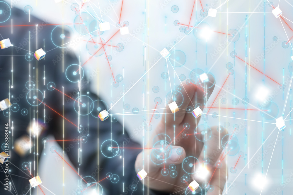 Poster Neural network 3D illustration. Big data and cybersecurity