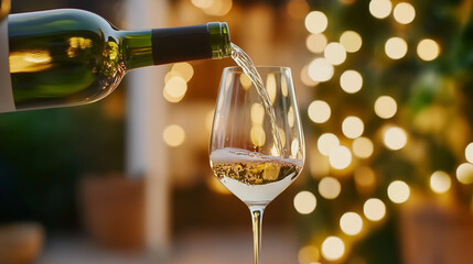 Pouring wine from bottle into glass on blurred background, closeup