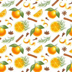 Orange fruits, rosemary, citrus peel or zest, cinnamon sticks, cloves and star anise spices seamless pattern on isolated background. Watercolor hand drawn illustration. For design, cards, wrapping