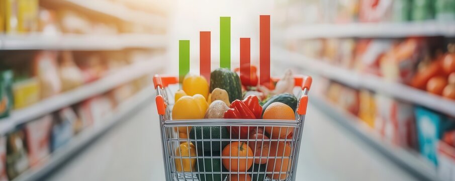 A bar graph showing rising inflation rates, overlaid on a shopping cart full of essential groceries - Powered by Adobe