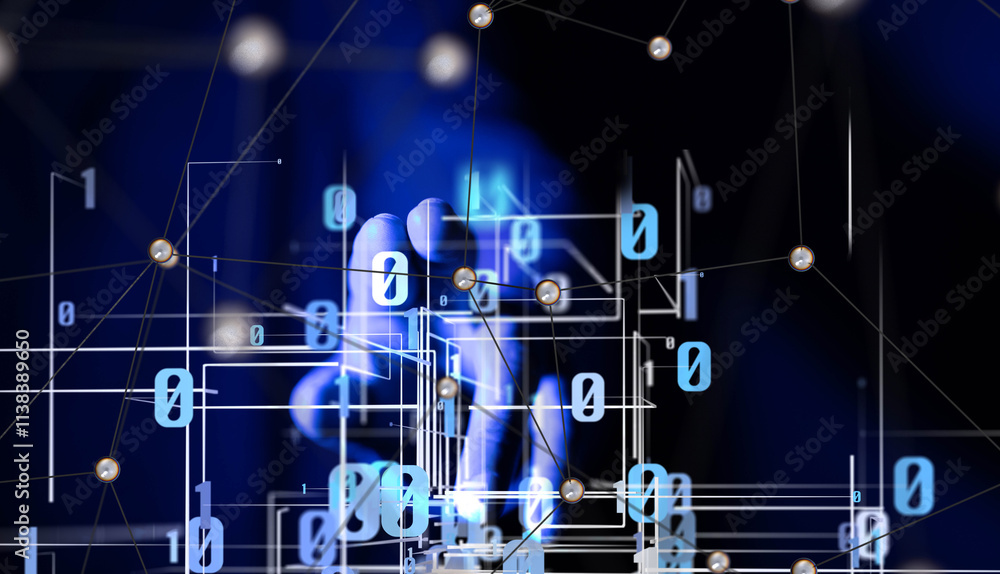 Poster Global network. Blockchain. 3D illustration. Neural networks and artificial intelligence. Abstract