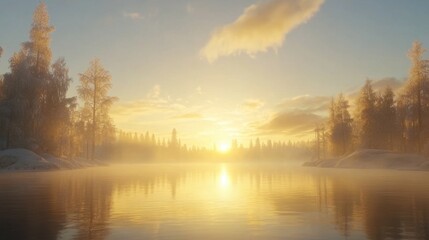 Fototapeta premium Panoramic view of a serene forest lake at sunrise in Finland, soft golden sunlight, clear blue sky, fog, frost, and reflections on water.