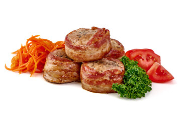 Bacon-wrapped pork medallions, isolated on white background.