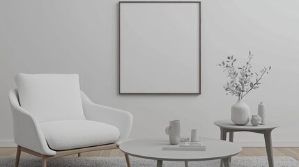 Modern living room setup with a chic white armchair, simple coffee table, and a slanted 3D mockup poster frame to boost advertising presence.