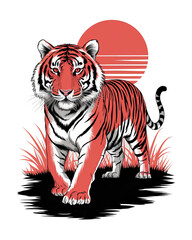 Obraz premium A T-shirt design of Tiger Against a Fiery Orange Sun, Surrounding Grass Perfect for Wildlife Conservation Campaigns