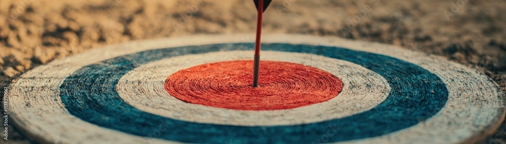 Poster a dart is embedded in the center of a colorful target, showcasing precision and focus in a game of s