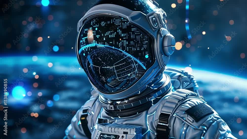 Poster astronaut wearing a futuristic spacesuit with a digital heads up display is exploring an otherworldl