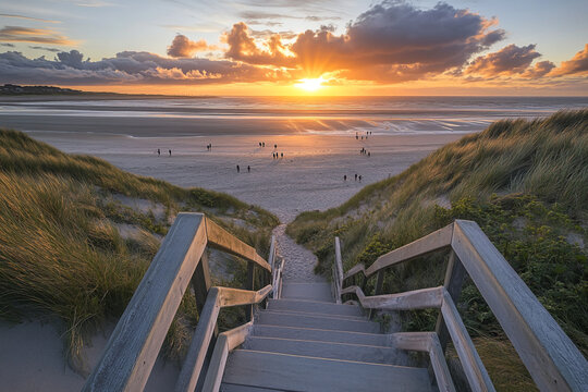 A wooden staircase leads down to the beach