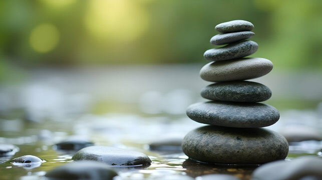 Serene Stacked Stones by Still Water, a tranquil scene evoking peace and mindfulness in nature's embrace.