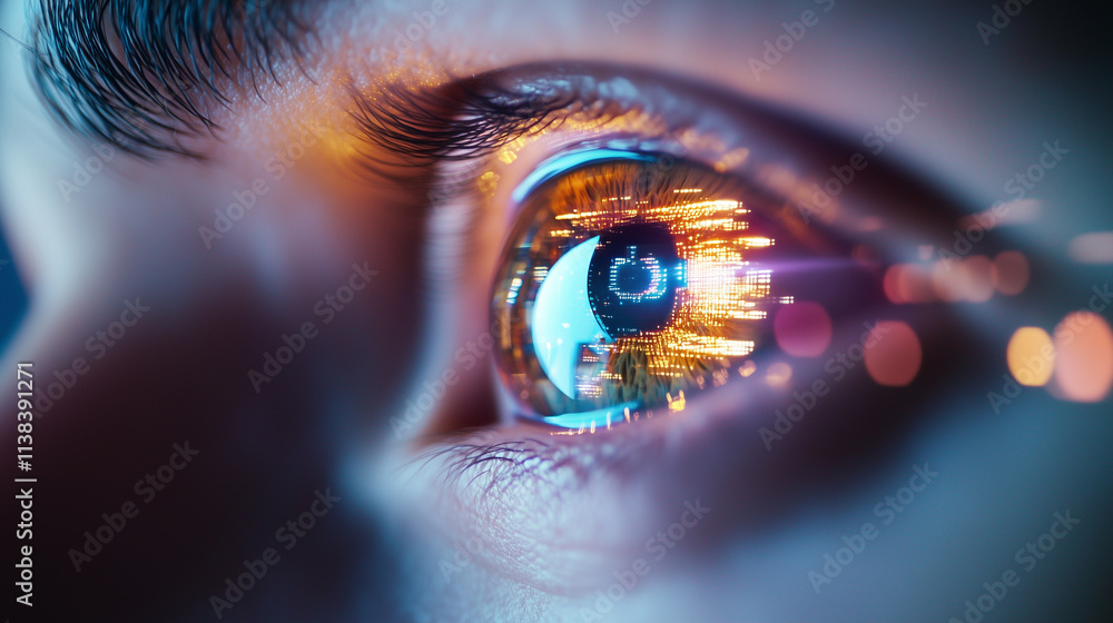 Aufkleber robot eye in focus, reflecting light a close-up shot of a robotâs eye, capturing the reflective su