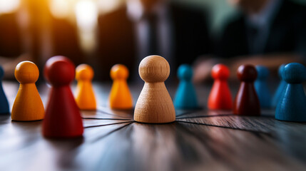 Colorful game pieces represent teamwork and strategy on a wooden board.