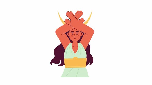 Latin american woman with horns crossing palm over head 2D character animation. Capricorn zodiac sign cartoon 4K video, alpha channel. Lady in magic costume animated person on white background